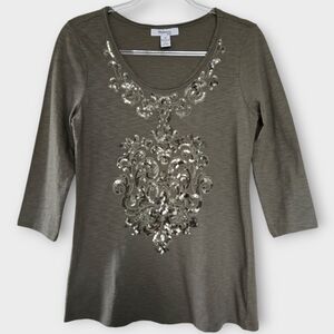 Style & Co Sequin Embellished Top Size MP Green Holiday Evening Party Cotton